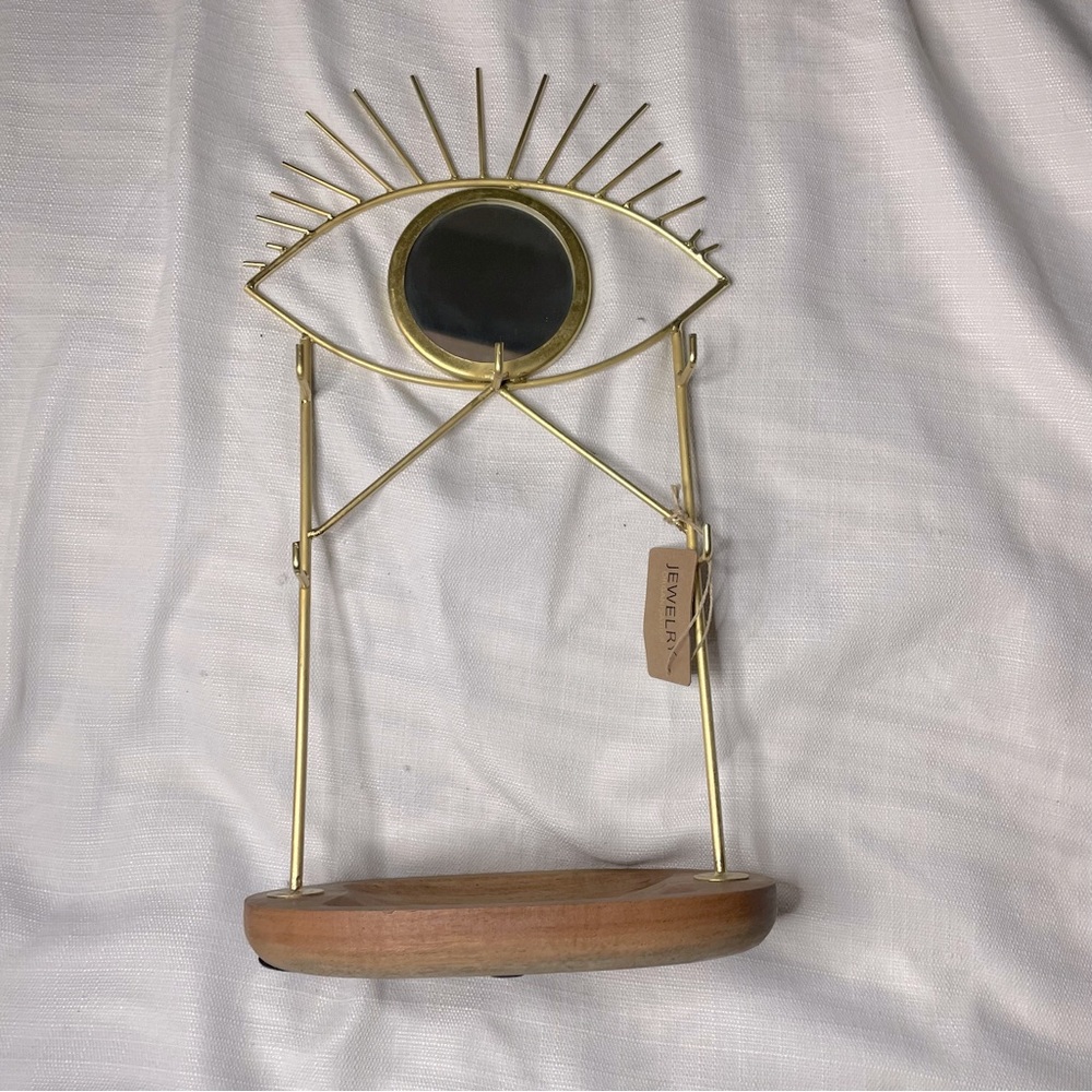 Evil Eye 🧿 Protector Jewelry Stand with five hooks and wooden tray.
